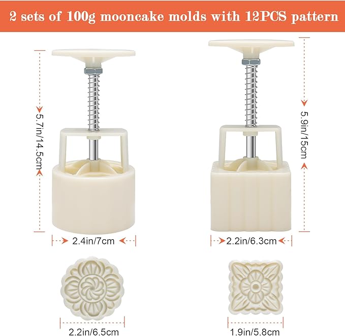 Luxiv Moon Cake Mould, 12 PCS Pattern Hand-Pressure Mooncake Molds for Mid-Autumn DIY Pastry Tool 2 Set with 6pcs Round Flower Mooncake Mode and 6 Pcs Square Pattern Mooncake Mould (White, 100g)