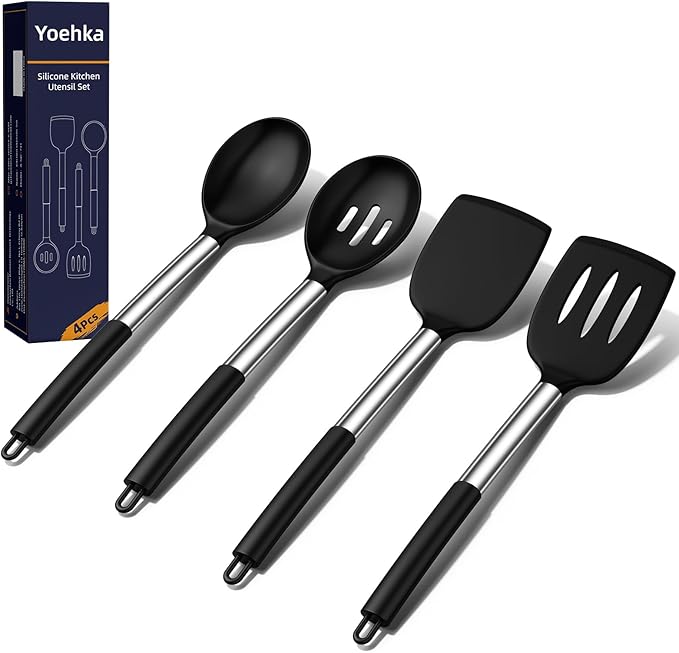 Yoehka Silicone Cooking Utensils Set for Nonstick Cookware, 4Pcs Heat Resistant Kitchen Silicone Spatula and Spoon Set with Stainless Steel Handle, Mixing, Flipping, Turning, Stirring, Black