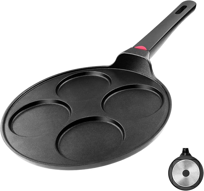 Pancake Pan Nonstick-Suitable for All Stovetops & Induction Cooker, 10.5 Inch Mini Silver Dollar Grill Blini Griddle Crepe Pan, 4 Molds Cake Egg Skillet, 100% PFOA Free Coating
