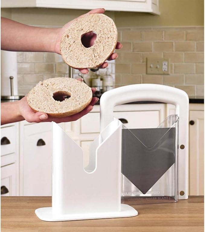 Hoan The Original Bagel Guillotine Slicer, Manual Precision Cutter with Safety Shield, Cleanly Slices Bagels and More, White, 9.25 Inch Kitchen Tool