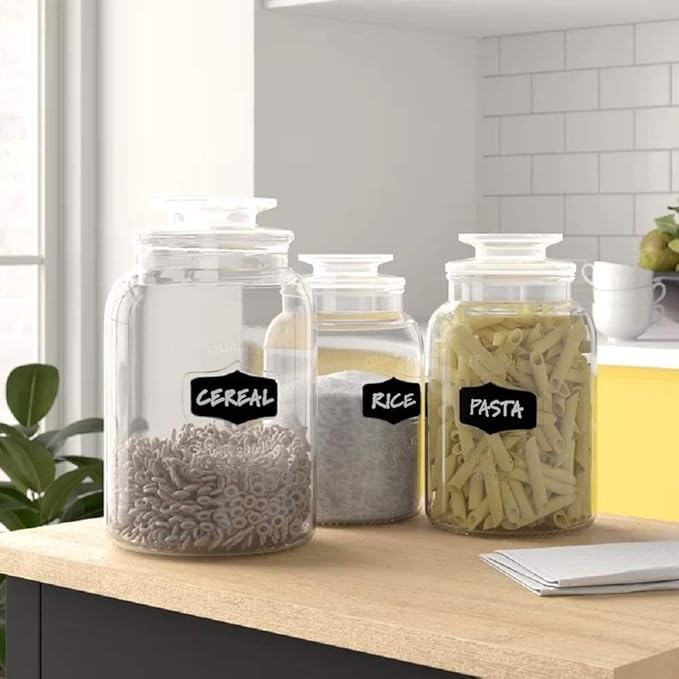 Glass Canister Set for Kitchen or Bathroom with Airtight Lid and Chalkboard Labels, Apothecary Glass Food Storage Jars,Set of 3 Cookie Jars, Candy, Coffee, Cereal & More, Clear Storage Containers!