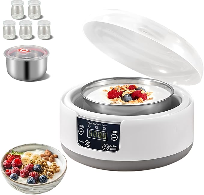 Yogurt Maker with Adjustable Time Control,Automatic Digital Yoghurt Maker Machine with 5 glass Jars&1.2L Stainless Steel Inner Pot for Home Organic Yogurt,Natto and Rice Wine