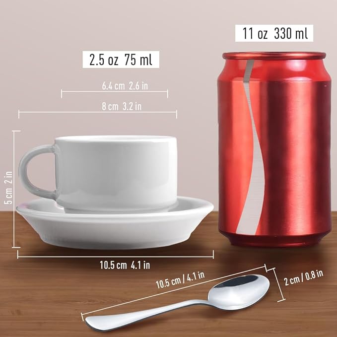 homEdge Premium Espresso Shot Cups and Saucers Set with Espresso Stainless Steel Spoons - 2.5 oz, Set of 4, White