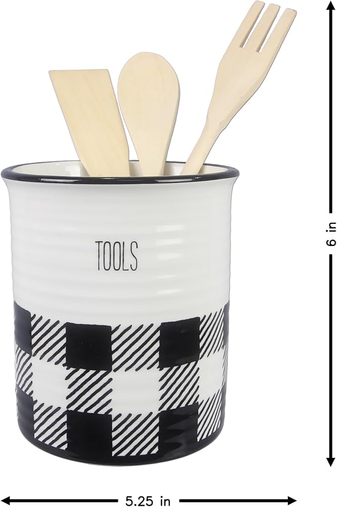 Young's Inc Buffalo Plaid Kitchen Tool Holder with Tools, Ceramic Utensil Holder for Kitchen Counter, Cooking Spoon & Spatula Holder for Counter with Utensils, Black and White