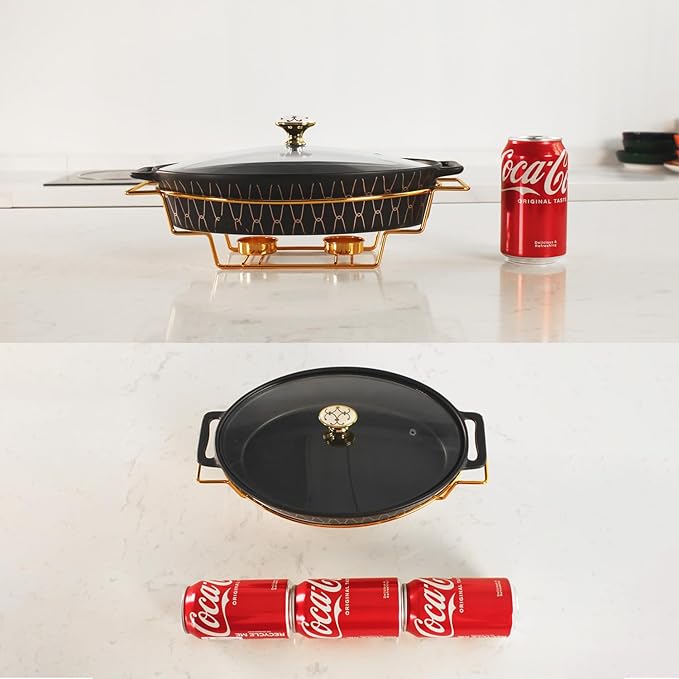 11" x 7.5" Ceramic Oval Casserole Dish with Glass Lid and rack, 40 OZ Serving Soup Tureen,Chafing Dish for Buffet, Family Food preserve Tray, Catering Casserole for Party Style, Black
