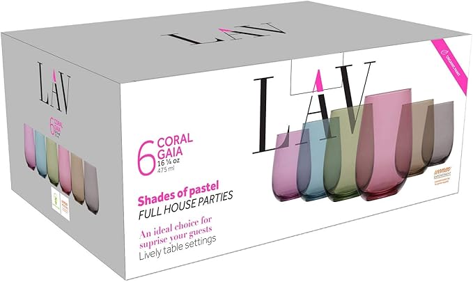 LAV Multicolor Stemless Wine Glasses Set of 6 - Drinking Cups 16 oz - Multicolor Glass Wine Tumblers - Colorful Glass Cups for Families - Drinking Glasses for Water, Juice, Beverages