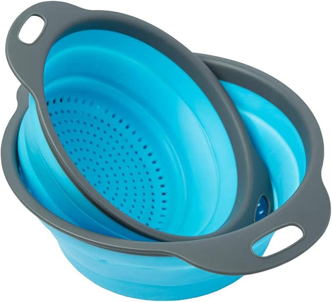 CdyBox New Version 11Pack Silicone Kitchen Strainer Collapsible Colander with Foldable Silicone Measuring Spoon Measuring Cup Kitchen Good Tools (Blue) 9.6 * 1.1