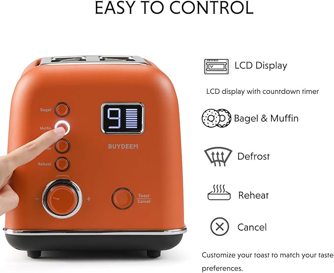 BUYDEEM DT730 Motorized Toaster, 2-Slice Smart Digital Leverless Toaster with LCD Countdown Timer, 9-Shade Settings for Toast, Bagels, Waffles, Muffins