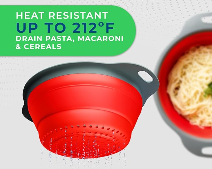 Ultimate Kitchen Strainers Set of 2 - Collapsible Silicone Colanders For Easy Storage by Comfify - Use with Pasta & Veggies or as a Fruit or Berry Bowl with Strainer - Irreplaceable for Campers - Red