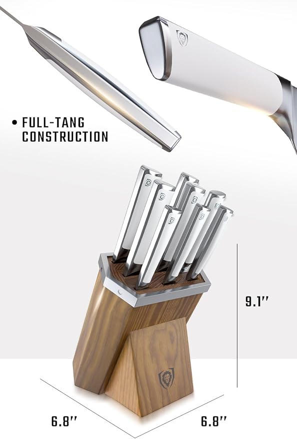 Dalstrong Knife Block Set - 8 Piece - Vanquish Series - Forged High Carbon German Steel - Kitchen Knife Set - Premium Wood Block - White POM Handle - NSF Certified