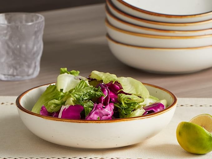 ONEMORE 30 Oz Porcelain Salad Pasta Bowls, Shallow & Wide Bowls Plates Set of 6, Large Ceramic Serving Bowls for Soup, Dessert, Pizza, Fruit. Microwave & Dishwasher Safe Kitchen Dinnerware, White