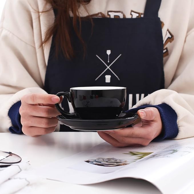 Cappuccino Barista Cup and Saucer Latte Art and Americano New Bone China for Coffee Shop (Glossy Black, 8.5 oz)