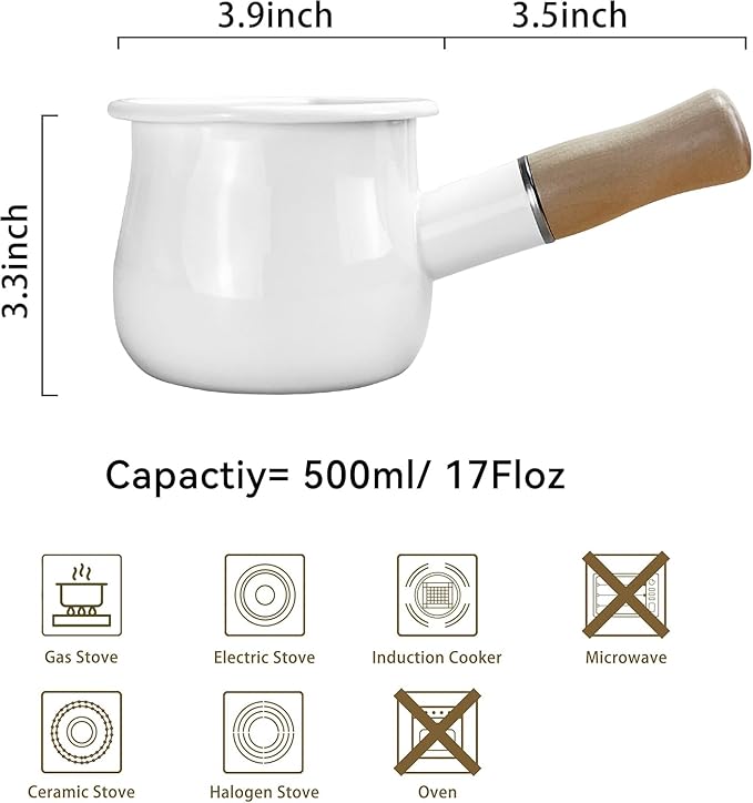Enamel Milk Pot, Small Saucepan Milk Pot Butter Warmer 4 Inch 17 Oz Enamel Small Sauce Pan with Wooden Handle, Perfect Size for Heating Smaller Liquid Portions. (White)
