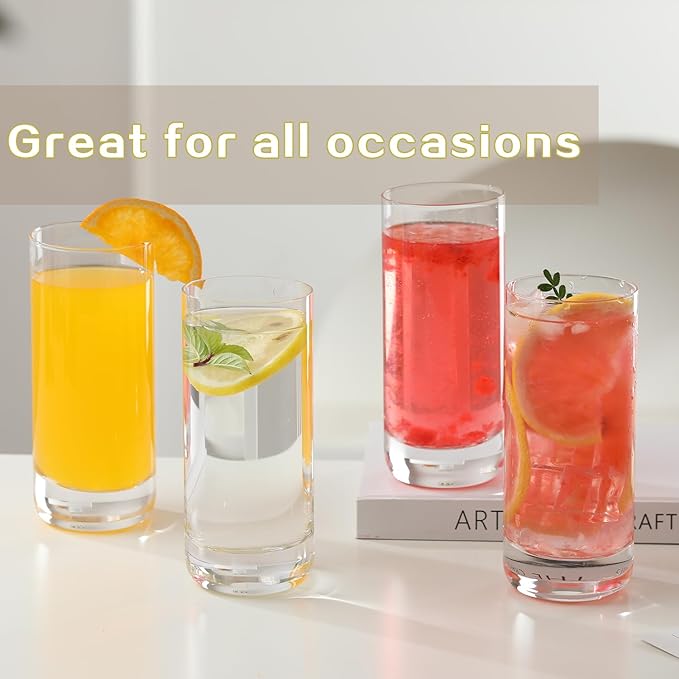 Drinking Glasses Set of 8, 13oz Glass Cups, Kitchen Highball Glasses for Beer, Juice and Cocktail, Collins Water Glasses for Bar Glassware, Unique Gifts