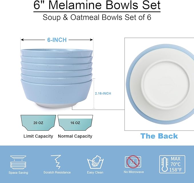 Webbylee 6-inch Melamine Bowls set of 6-20-ounce Dinnerware Cereal Bowls for Soup, Salad & Dessert | Dishwasher Safe & Space Saving(Blue/Beige)