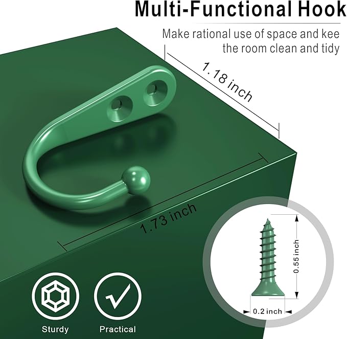 15 Pcs Black Wall Mounted Coat Hooks, Hanger Hook with 30 Pieces Screws for Towel, Key, Robe, Scarf, Bag, Cap, Coffee Cup, Mugs(Green)