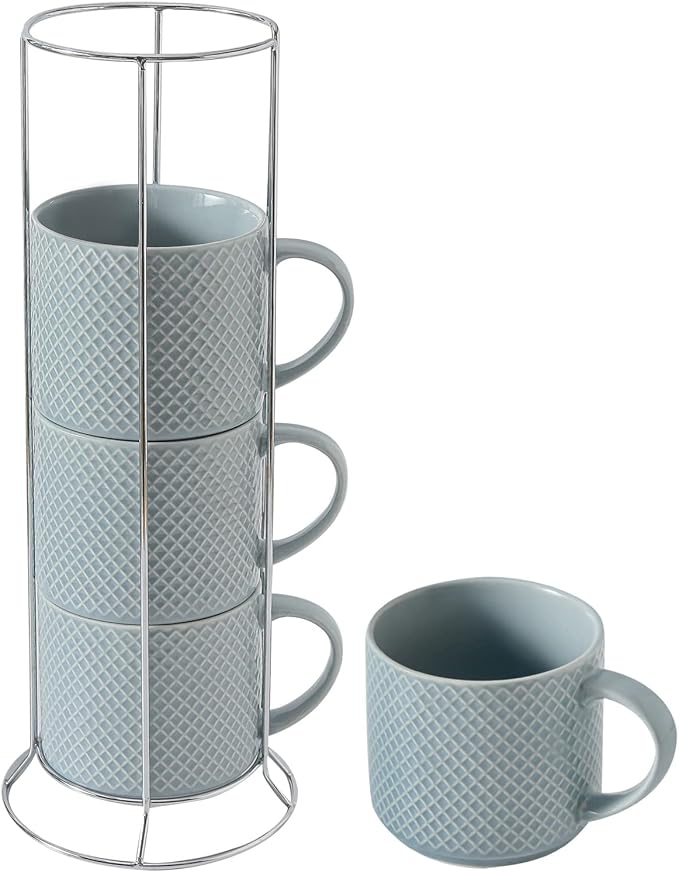 Hasense Coffee Mugs with rack, 15 Ounce Porcelain Stackable Large Ceramic Blue Coffee Cups Set of 4 with handle for Drinks Like Tea, Cappuccino, Milk, Mocha and Cereal, Microwave & Dishwasher Safe