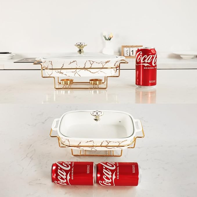 10" x 6" Ceramic Casserole Dish with Glass Lid and rack, 30 oz Serving Soup Tureen,Chafing Dish for Buffet, Family Food preserve Tray, Catering Casserole for Party Style