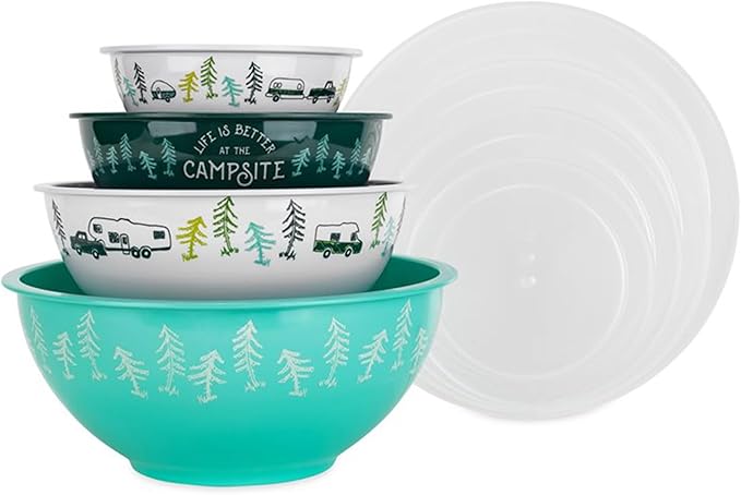 Camco Nesting Bowl Set with Lids - Features Life is Better at The Campsite Design - Camping Dishware Set Includes 4 Durable Melamine Bowls with 4 Plastic Lids - Camping Kitchen Essentials(53451)