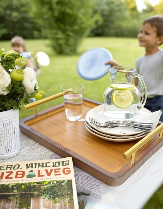 Bamboo Serving Tray with Gold Handles - Small Wood Serving Tray for Breakfast in Bed, Coffee Table, Dinner & bar - Decorative Bed Table Tray for Kitchen or Bedroom(11.8" x 7.5" x 2")