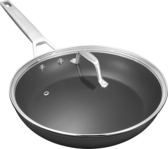 MsMk 11 Inch Nonstick Frying Pan with Lid,Titanium and Ceramic Nonstick skillet with lid, PFOA Free Non-Toxic, Stay-Cool Handle, Scratch-resistant, Induction Skillet With Lid for Induction, Ceramic