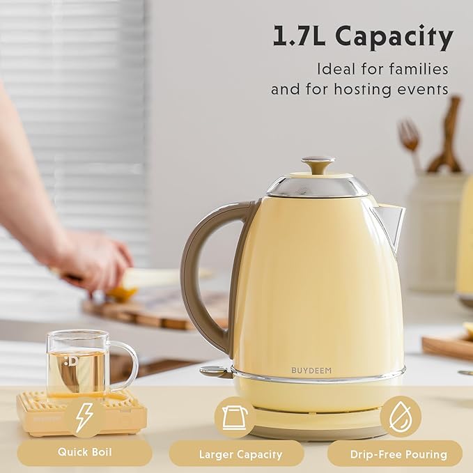 BUYDEEM K640 Stainless Steel Electric Tea Kettle with Auto Shut-Off and Boil Dry Protection, 1.7 Liter Cordless Hot Water Boiler with Swivel Base, 1440W, Mellow Yellow