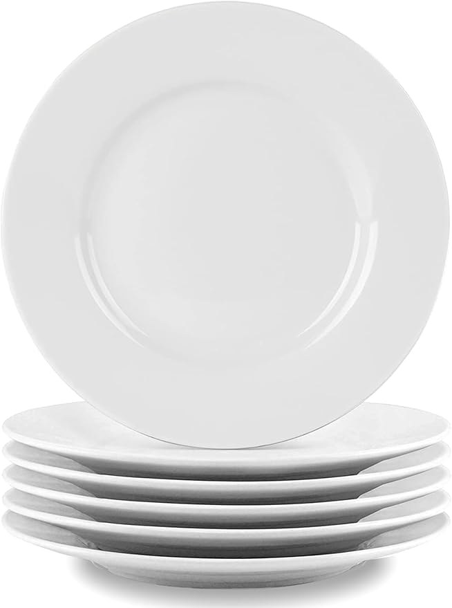 bestone 8 Inch Porcelain White Salad Plates Set, Porcelain Dessert/Salad Plate,Classic Round with Wide Rim, Lead-Free,Dishwasher, Microwave, Freezer, Oven Safe, for Everyday Use-Set of 6