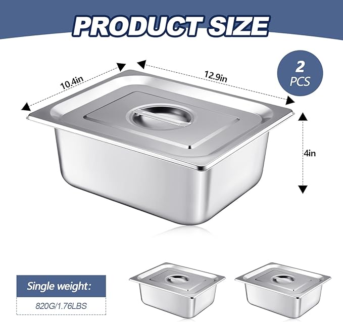 Mifoci 2 Pack Stainless Steam Hotel Pan with Lid, 1/2 Size x 4 Inch Deep Steam Table Pan Restaurant Supplies Reusable Anti Rust Steam Pan Water Pan for Home, Party, Restaurant, Hotel, Buffet