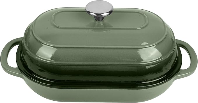 Premium Enameled Cast Iron Dutch Oven for Bread Baking | Non-Stick 5QT Oval Bread Oven with Lid | Perfect for Sourdough, Loaf, and Artisan Baking (Green, 5 QT)