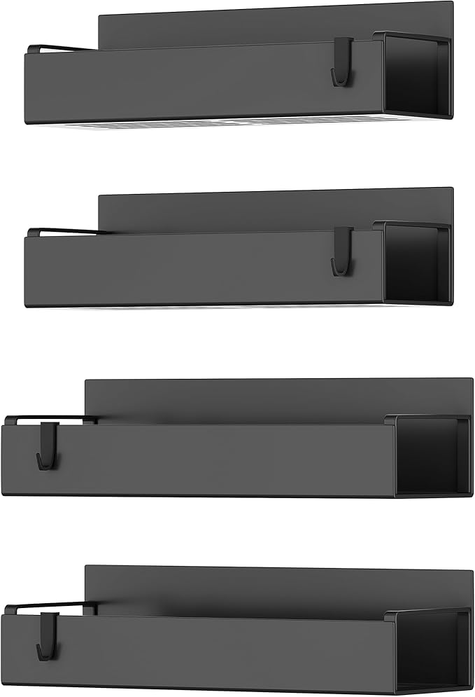 4 Pack Magnetic Spice Rack Organizer for Refrigerator and Oven, Movable Magnetic Hanging Kitchen Spice Rack with 4 Hooks, Black