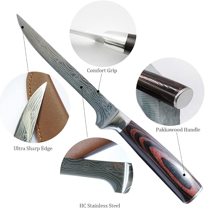Premium Boning Knife with Sheath & Pocket Sharpener 6 Inch High Carbon Stainless Steel Japanese Fillet Professional Trimming Knife for Meat, Fish, Deboning