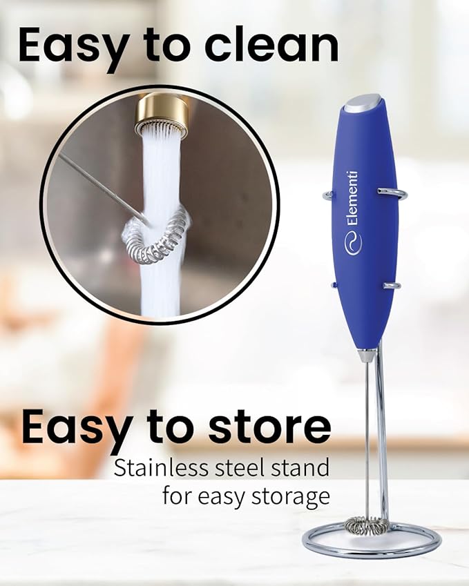 Elementi Electric Milk Frother Handheld - Mini Whisk for Coffee, Matcha and Drinks - Portable Frother & Mixer with Stand - Royal Blue