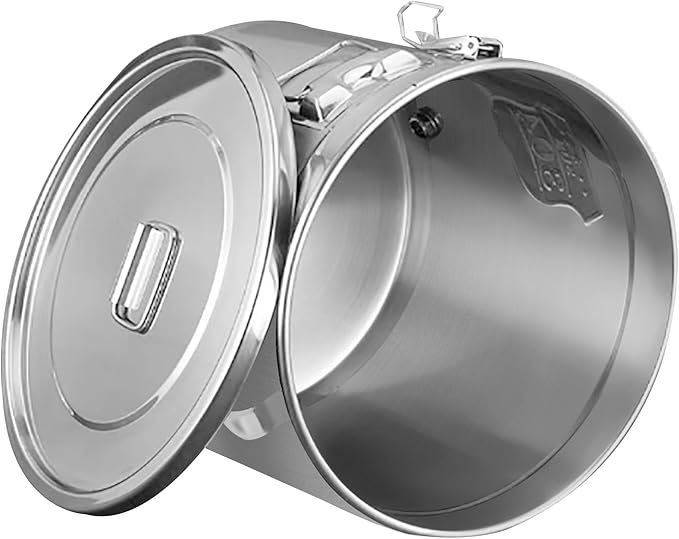DYNAMI 304 Stainless Steel Airtight Canister for Kitchen, 3.2Gal/405oz Flour Container with Lid and Locking Clamp,10-21Lbs Metal Bucket Food Storage Container for Rice, Flour, Grain, Coffee Bean(12L)