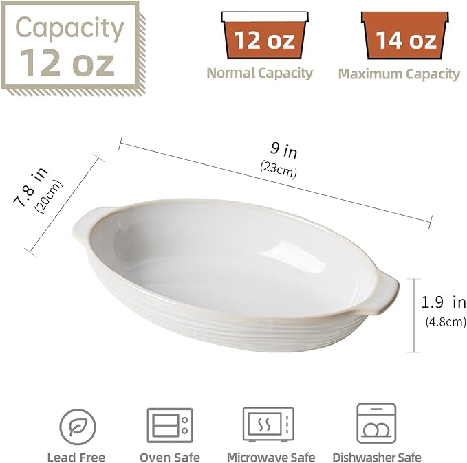 Casserole Dishes for Oven, 12 Oz Ceramic Baking Dish, 9 x 8 inch Oval Deep Lasagna Pan, Porcelain Baking Pan with Handles, White Bakeware Au Gratin Pans, Housewarming Gift, Dishwasher Safe