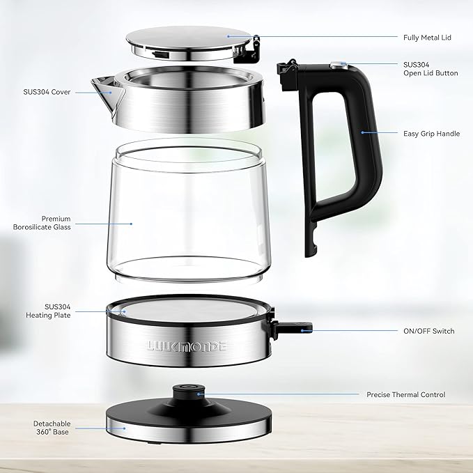 LUUKMONDE Electric Kettle, 1L 1500W, Small Glass Tea Kettle, Hot Water Boiler with LED Indicator, Cordless Water Heater Kettle, BPA-Free, Fast Boiling, Auto Shut-Off, Boil-Dry Protection