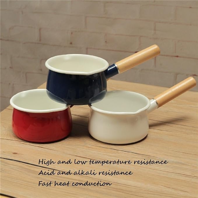 Enamel Milk Pan with Dual Pour Spout Butter Warmer Milk Pot for Stove Top Healthy White Enameled Inside Coating Iron 1QT Small Soup Pot with Wooden Handle (Red)