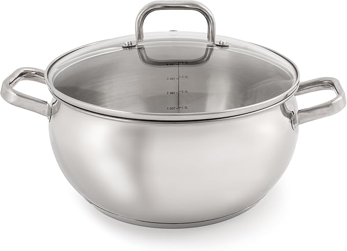 BergHOFF Belly Shape 18/10 Stainless Steel 9.5 inches Stockpot 5.5qt., Glass Lid with Steam Vent, Fast, Evenly Heat, Induction Cooktop Ready