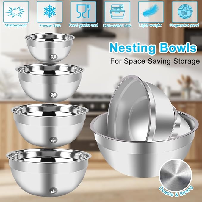 Hand Mixer Electric Mixing Bowls Set, 5 Speeds Handheld Mixer with 4 Nesting Stainless Steel Mixing Bowl, Measuring Cups Spoons 200W Kitchen Blender Whisk Beater Baking Supplies For Beginner