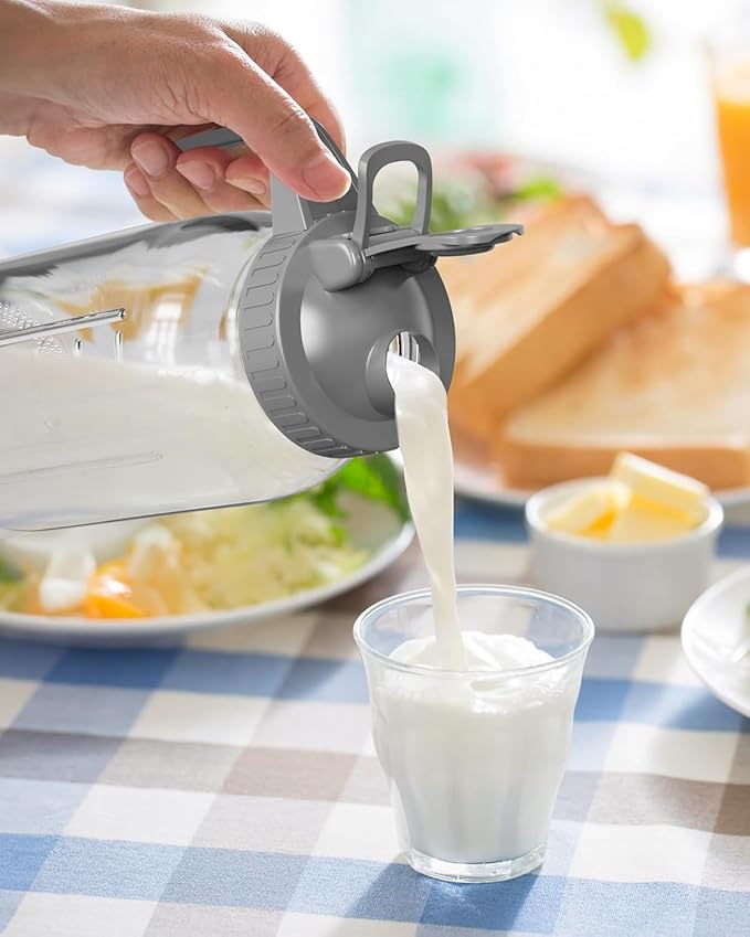 | 2 Pack | 64oz | Glass Pitcher with Lid Wide Mouth, 2 Quart (1.9 Liter) Mason Jar Pitcher with Lid and Spout, Leakproof Water Jug for Water, Juice, Tea, Iced Coffee, Milk Storage, Grey