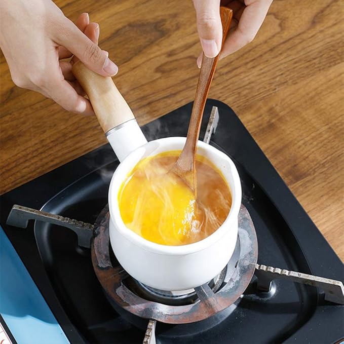 Enamel Milk Pot, Small Saucepan Milk Pot Butter Warmer 4 Inch 17 Oz Enamel Small Sauce Pan with Wooden Handle, Perfect Size for Heating Smaller Liquid Portions. (White)