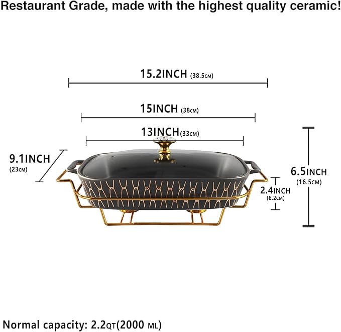 13" x 9" Ceramic Casserole Dish with Glass Lid and rack, 2.2 Quart Serving Soup Tureen,Chafing Dish for Buffet, Family Food preserve Tray, Catering Casserole for Party Style,Black