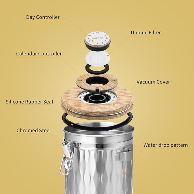 TEDSWAIT Coffee Container with Sealed Cantilever Lid and Scoop, Airtight Stainless Steel Kitchen Food Storage Canister with Date Tracker, 1.8L(Silver)