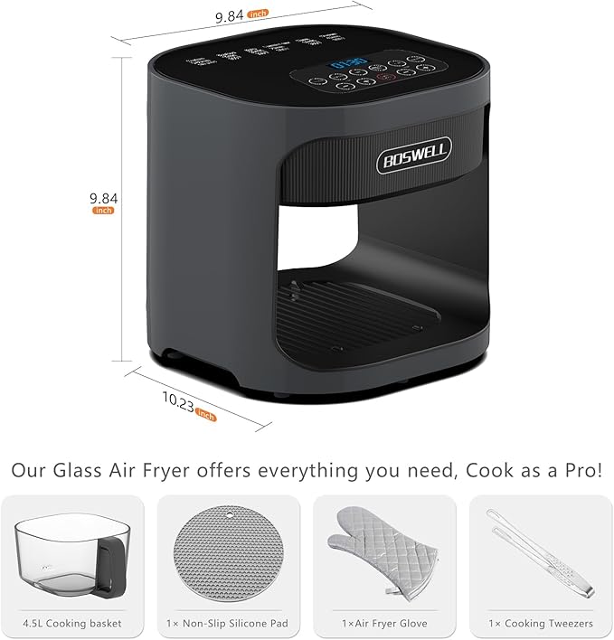 BOSWELL 4.5 QT Glass Air Fryer, 6 IN 1 Air Fryer Non-Toxic,Temperature Control, 5 Preset Menue Intelligent Panel Gray