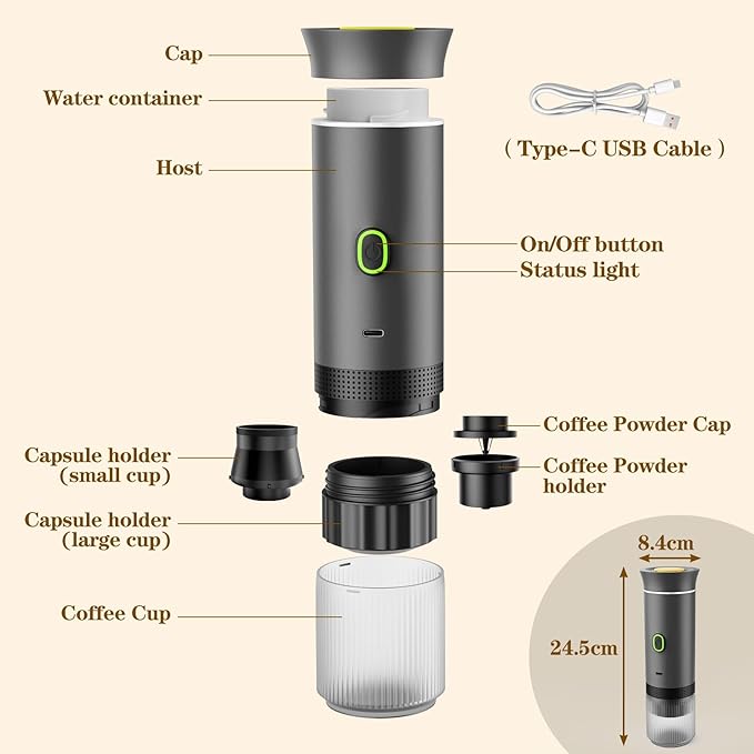 3-in-1 Portable Espresso Maker, Travel Coffee Maker, Self-Heating Car Coffee Maker with USB-C, Small Espresso Machine with Ground Coffee & Capsules (NS&DG) for RV, Hiking, Office (grey)
