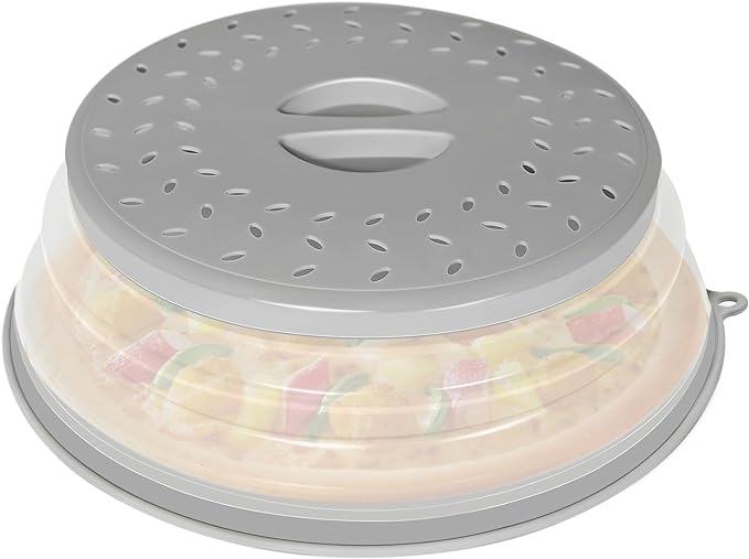 Collapsible Microwave Splatter Cover, Vented Microwave Lid with Hook Hole, Splatter Guard for Plate Dish Bowl, Vegetable Fruit Colander Multi-function Kitchen Gadget, BPA-Free (Grey)
