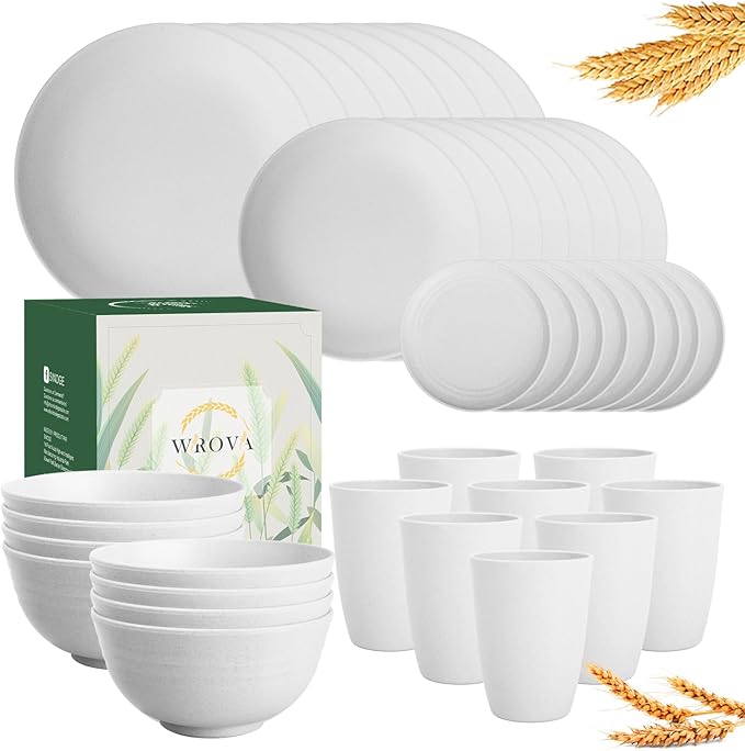 Wheat straw bowl and plate sets of 40 with cups for kids - Unbreakable plastic dinnerware sets service for 8 - Microwave and Dishwasher safe dish sets for kitchen and camping. White