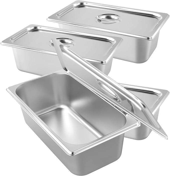 HOIGON 4 Pack 1/3 Size Steam Table Pans with Lids, 4 Inch Deep Stainless Steel Hotel Pans for Buffet, Restaurants, Catering