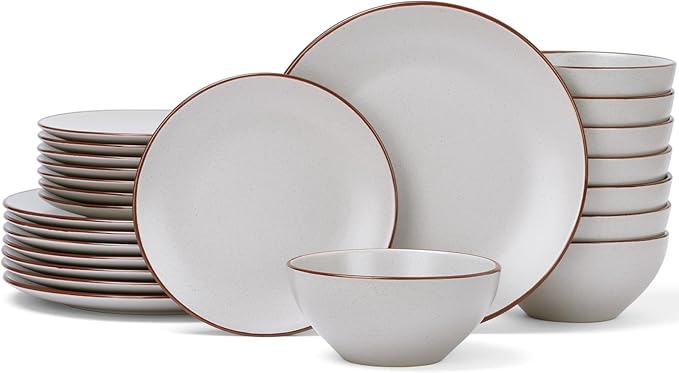 Famiware Venus Ceramic Plates and Bowls Sets, Speckled Dinnerware Dish Sets for 8 (24 Pieces) - Microwave and Dishwasher Safe, Matte Light Grey
