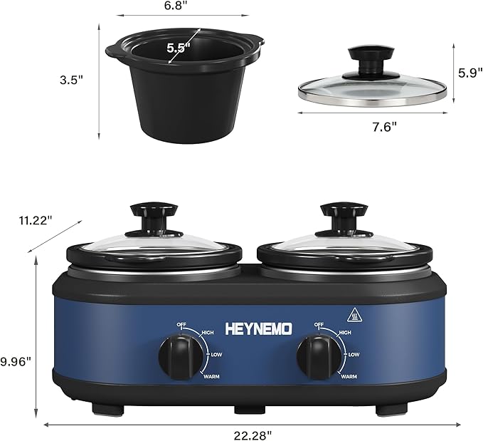 Double Slow Cooker, Buffet Servers and Warmers, Dual 2 Pot Slow Cooker Food Warmer, Adjustable Temp Dishwasher Safe Removable Ceramic Pot Glass Lid, 2 x 1.25 QT Portable Small Crock Cooker,Blue