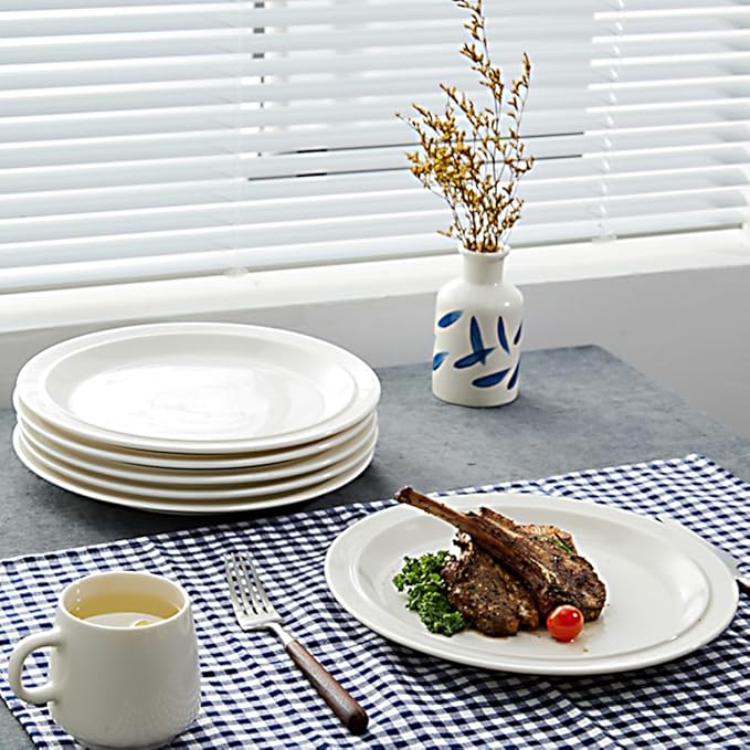 10.5-inch Porcelain Dinner Plate Set of 6 - Microwave, Oven and Dishwasher Safe, Scratch Resistant. (White)